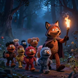 a large two tailed druid fox muppet wearing a hooded cloak holding a lit torch and herding a bunch of random muppet animals following behind through a dark foreboding misty blue forest at night, sesame street, photograph, photography, ultrarealistic, national geographic