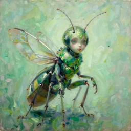 a portrait of an intensely lit monstruous insect girl modeling, green, oil painting, pale colors, high detail, 8 k, wide angle, trending on artstation,