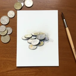 small centered on watercolor paper, paint brush strokes, abstract watercolor painting of silver coins on polished oak table, sticks, cinematic light, american romanticism by hans dahl, by jesper ejsing, by anders zorn, by greg rutkowski, by greg manchess, by tyler edlin