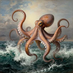 giant octopus with gigantic tentacles dancing above the waves of an angry ocean, by jmw turner