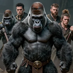 frightening gorillas warrior portrait, weapons in hand, art by artgerm, wlop, loish, ilya kuvshinov, tony sandoval. 8 k realistic, hyperdetailed, beautiful lighting, depth of field, symmetrical face