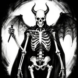 a demonic skeleton, black and white illustration, by mark riddick art