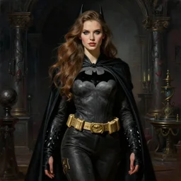 portrait of a beautiful gorgeous captivating latvian belarusian finnish norwegian swedish glamour model batman in dark dungeon, jodhpurs greg manchess painting by sargent and leyendecker, studio ghibli, medium shot asymmetrical intricate elegant illustration hearthstone, by greg rutkowski by greg tocchini by craig mullins