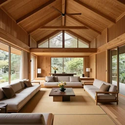 luxurious wooden cottage by alvar aalto, modern japanese living room, japanese flower arrangements, coherent composition, architecturally accurate, architecture photography