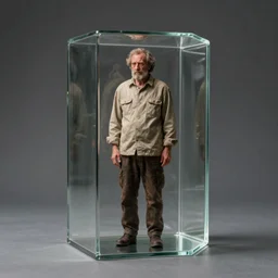 tall man stuffed inside of a small glass cube, gigantism, hyper - realistic, extremely detailed, gray floor, gray background, studio setting, dim light, soft lighting