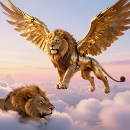 the ancient world, hyper complexity, highly detailed, cinematic lighting, pastel colored sunrise, flying robotic lions with gold metal huge wings on the back in the sky, sharp outlines, complete whole lion body, another sleeping lion face in the clouds watching each other, hyperrealistic, trending on pixiv fanbox, love death robot,