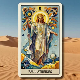 majestic dune themed paul atreides messianic tarot card by sachin teng, moebius, artgerm, alphonse mucha, masterpiece, organic painting, matte painting, futuristic geometrical drawing shapes, desert ambience, hard edges, graffiti, poster art by sachin teng