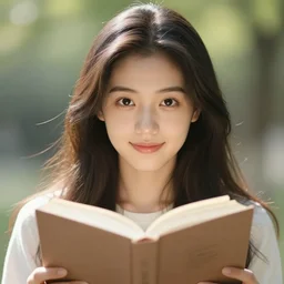 portrait photograph of an extremely beautiful!!!! young female reading a book, symmetric face!, symmetric round detailed eyes!!, slight smile, natural light, her hair is flowing down. looking at the camera!!. super resolution. extremely detailed. graflex camera!, bokeh!!!!! trending on artstation.