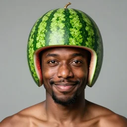 front portrait of a funny looking not smiling black guy with a watermelon fruit helmet that covers only the top of his head by greg rutkowski