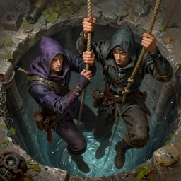 couple of dnd thiefs climb down by hanging rope into sewer waterworks deeps, fantasy digital art, detailed face, gorgeous, colorfull, amazing, intricate, highly detailed, painting by gaston bussiere, craig mullins