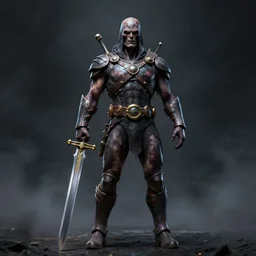 full body centered uncut character pose of he - man, mysterious - eerie - ominous, he - man is holding the power sword in his right hand, dark grey shadowy smokey eery background, direct natural lighting, cinematic, epic, ultra - detailed, sharp focus, colored, zbrush, octane, artwork by artgerm and greg rutkowski and alphonse mucha
