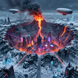 a cyberpunk city in the crater of a volcano, lava flowing, smoke, fire, neon, clubs, lasers, snow, ice, cold, airships, industrial, by paul lehr, jesper ejsing