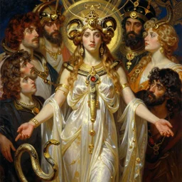 hyper realistic painting of the seer pythoness oracle goddess, gold ornaments, flowing fabric, intrincate detail, detailed faces by wayne barlowe, gustav moreau, goward, gaston bussiere and roberto ferri, santiago caruso, and austin osman spare, ( ( ( ( occult art ) ) ) ) bouguereau, alphonse mucha, saturno butto