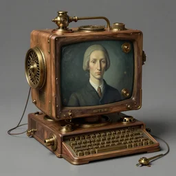 An intricate steampunk computer painted by Rene Magritte