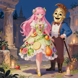 a full body portrait of a young pink pastel woman zelda and happy mask salesman in a flowery fruit - based dress, wearing a greek mask, night lighting with candles delicate features finely detailed perfect art, at an ancient city, gapmoe yandere grimdark, trending on pixiv fanbox, painted by greg rutkowski makoto shinkai takashi takeuchi studio ghibli