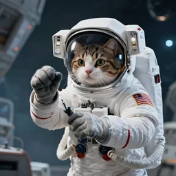 astronaut cat fixing a spaceship, realistic, 8 k, extremely detailed, cgi, trending on artstation, hyper - realistic render, 4 k hd wallpaper, premium prints available, octane render, award winning, by greg rutkowski