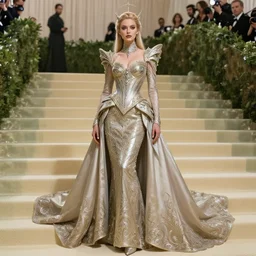 Wizard Queen ascendings stairs at the MET Gala posing for the camera, intricate fantasy dress, fantasy, intricate, elegant, highly detailed, digital painting, smooth, sharp focus, illustration, dramatic lighting, artstation, in the style of Alex Ross