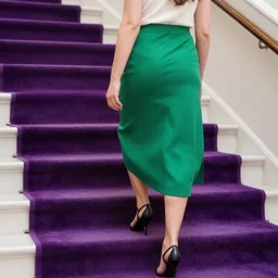 a picture of a woman wearing a green skirt and top, going down the stairs. stairs with purple carpet