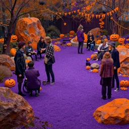 a solarpunk zen garden with people chatting, halloween decorations, by simon stalenhag and hubert robert and samuel beal and zacharias aagaard and gillis rombouts, hyperrealism, purple sand, orange rocks, chiaroscuro!!, tonalism!, high saturation, high contrast, vibrant, highly detailed, volumetric light