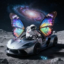 an astronaut sitting inside a supercar on the moon, butterfly winged doors, in water, vaporwave galaxy in background, 4 k, moody, dramatic, trending on artstation, award winning, photorealistic, volumetric lighting, octane render,