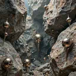 visions of huge rocks hallucinating on psychodelics, strange metal artifacts growing on the rocks surface, no text, rendered with octane, hyper realistic, hyper detailed, surreal, futuristic, 8k