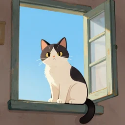 illustration of a cat with a black spot on her trunk in an old house with a window next to the blue sky , trending on artstation, trending on deviantart
