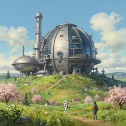 a beautiful science fiction factory with a spherical design by starwars and army on a hill in the french countryside during spring season, highly detailed painting by studio ghibli hd and louis remy mignot, leyendecker, craig mullins, nice afternoon lighting, smooth tiny details, soft and clear shadows, low contrast, perfect