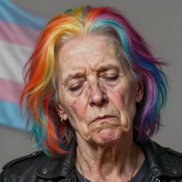 Joe Biden as a transgender woman, very old and sleepy, wrinkles, maniac look, rainbow hair, ugly, gross, realistic, beta male, accurately portrayed, portrait art by Hieronymus Bosch, highly detailed, digital painting, concept art, illustration, transgender flag displayed, trending on artstation, very detailed, smooth, sharp focus, octane render, close up