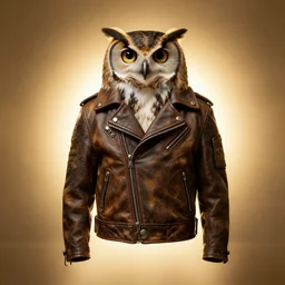front of owl wearing biker jacket, portrait photo, full body, backlit, studio photo, golden ratio, jacket has buttons
