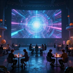 hall in cyber space concept, a lot of people siting on tables, large screen, artstation, halloween
