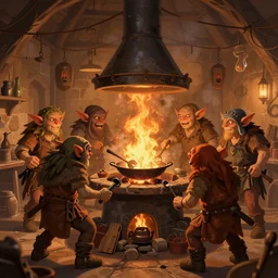 illustration of a group of goblins cooking frantically in a warm medieval kitchen