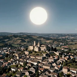 aerial view of a hilly medieval town situated below an orb of light hanging in the sky. bright orb, by alan lee by peter mohrbacher, trending on artstation sharp focus vfx key shot