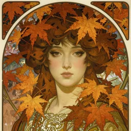 realistic detailed face portrait of a beautiful young queen of Japanese Maple trees by Alphonse Mucha, Ayami Kojima, Amano, Greg Hildebrandt, and Mark Brooks, Art Nouveau, Neo-Gothic, gothic, deep rich autumn colors