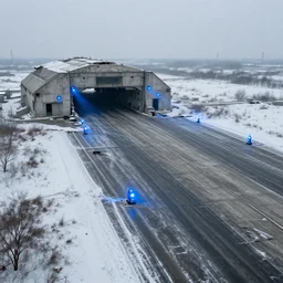 dilapidated concrete spaceport with blue landing lights on runways in snow. as photography, sci - fi