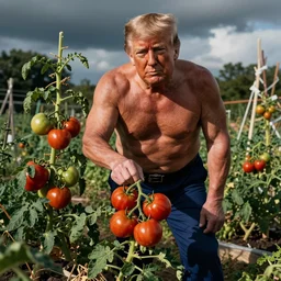 muscular donald trump growing tomatoes in his garden, high resolution photography