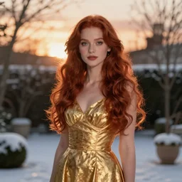 portrait of a woman with long red hair, very beautiful style, girl standing, in gold dress, photorealism, against a winter garden, at sunset, vivian sassen, vania comoretti,