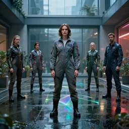 woman in flight suit, tesseract glass courtyard, wet reflections, prism, atmospheric, ambient, pj crook, syd mead, livia prima, artgerm, greg rutkowski, nick alm, casey baugh