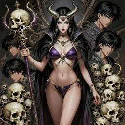 gorgeous!! woman as a chained demoness sorcerer empress wearing a bikini, d & d, morrigan aensland, skulls, magical staff | art by jack kirby + akira toriyama + katsuhiro otomo + hirohiko araki | intricate, highly detailed, digital painting, smooth, sharp focus, hyper - realistic, symmetrical