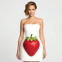 halle berry wearing a round dress in the shape of a strawberry on the red carpet, food outfit, very berry