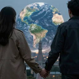 a couple holding hands while watching the world end