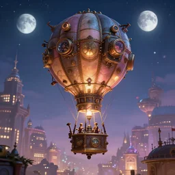 a stunning fantasy scene of a steampunk hot - air balloon flying over a lit city at night | highly detailed | very intricate | disney | magic the gathering | steampunk | dramatic romantic epic breathtaking whimsical magical | bokeh moon stars | professional cinematic lighting | award - winning | painted by marc simonetti and anton fadeev and paul lehr and rhads | pastel color palette | featured on artstation