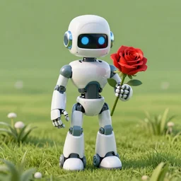 3D render of a Robot holding red roses while standing in grassy field, 8K, hyperrealistic