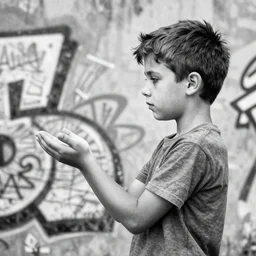 a side profile of a black and white graffiti of boy holding a single dark blue balloon on a concrete background in the style of Banksy, graffiti, digital art