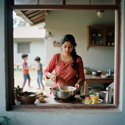 A beautiful symmetrical anatomically correct photograph of a mother cooking food in her Indian suburban home, two kids playing outside are visible from the window. Shot by Gregory Crewdson on a large format film camera, 8K
