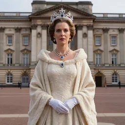 Padme Amidala as the Queen of England, in Buckingham Palace, wearing a crown