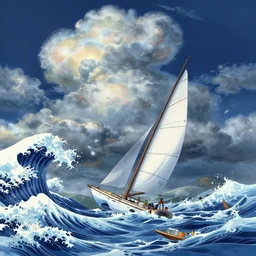highly detailed illustration of high exposure ocean waves at night, cumulonimbus clouds in the sky, futuristic sail boat struggling, by makoto shinkai, by aaron horkey, by moebius, by nico delort, by dan mumford, by otomo, 4 k resolution, realistic colors