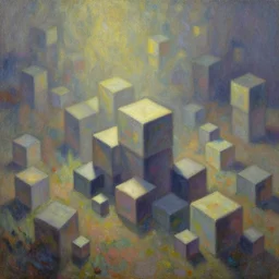 cubes growing on the ground. gouache fairytale art, russian romanticism, muted palette, psychedelic art, backlighting, depth of field