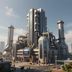 an epic 3 d render of a massive cyberpunk factory building by visualdon, trending on artstation