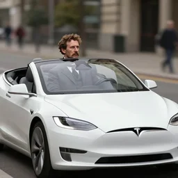 nikola tesla driving a convertible tesla car, photorealistic, ultra realistic, highly detailed, sharp focus, depth of field, fashion photography