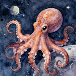 friendly octopus in space. watercolor. detailed. deep. masterpiece. mary cassatt